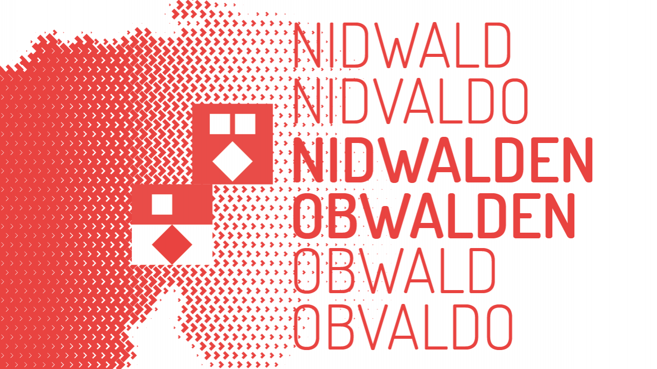 Kantonswappen Nid- und Obwalden vor rotem Umriss der Schweiz