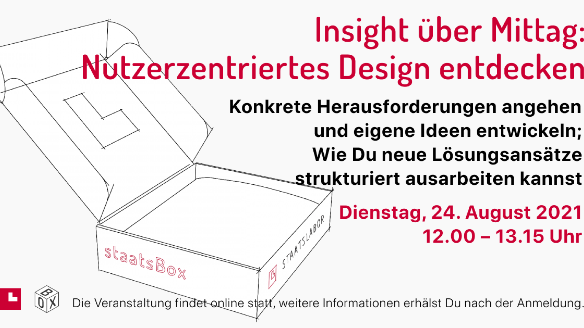 Titel: Insight über Mittag - Nutzerzentriertes Design entdecken. Untertitel: Konkrete Herausforderungen angehen und eigene Ideen entwickeln; Wie Du neue Lösungsansätze strukturiert ausarbeiten kannst.