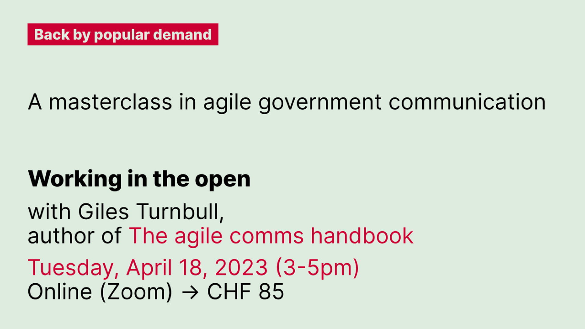 Flyer Giles Turnbull "Working in the open" masterclass